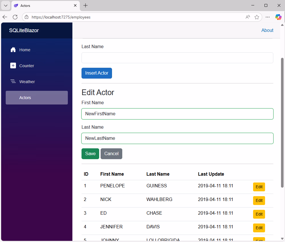Update the program logic for data editing in a Blazor app