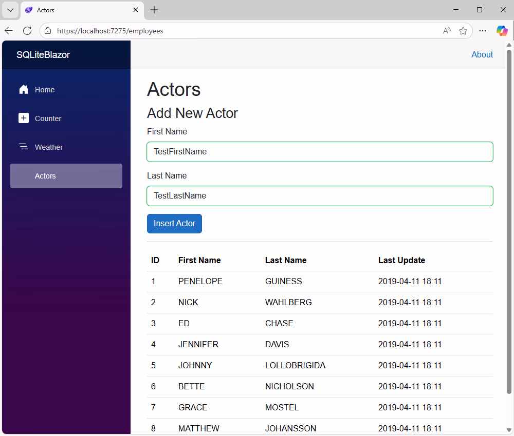 Update the program logic for data insertion in a Blazor app