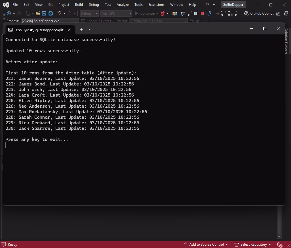 Update data in the SQLite database using Dapper