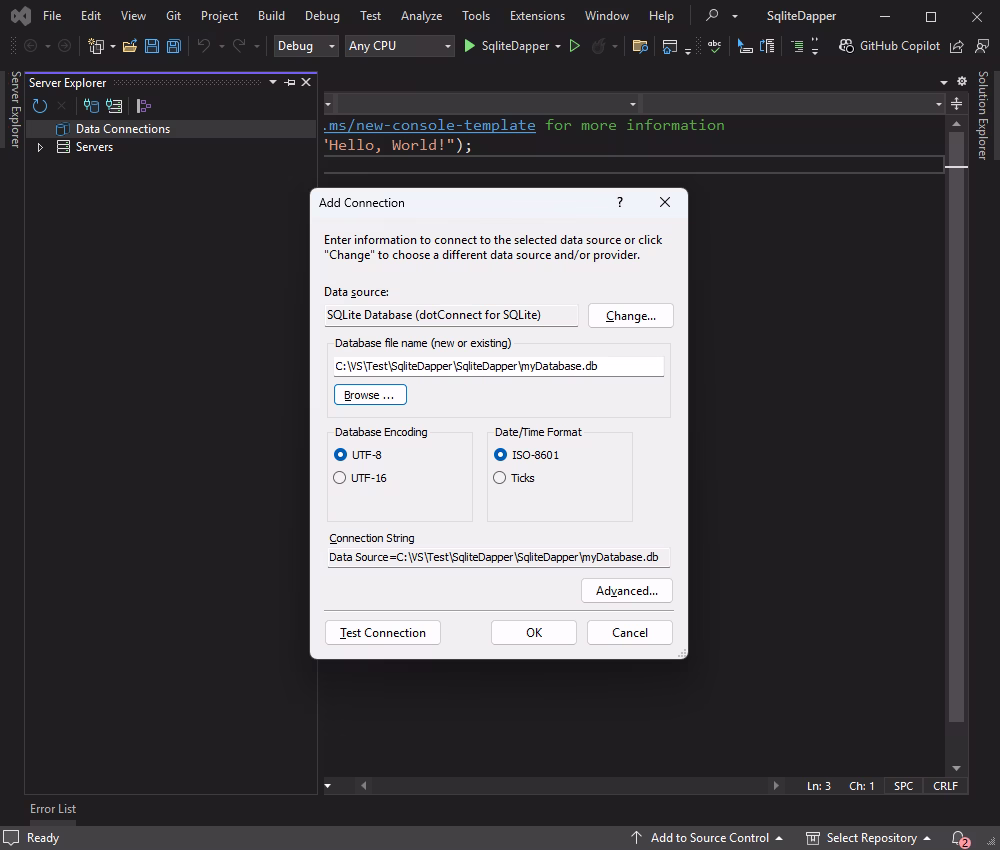 Connect to the SQLite database in Data Explorer
