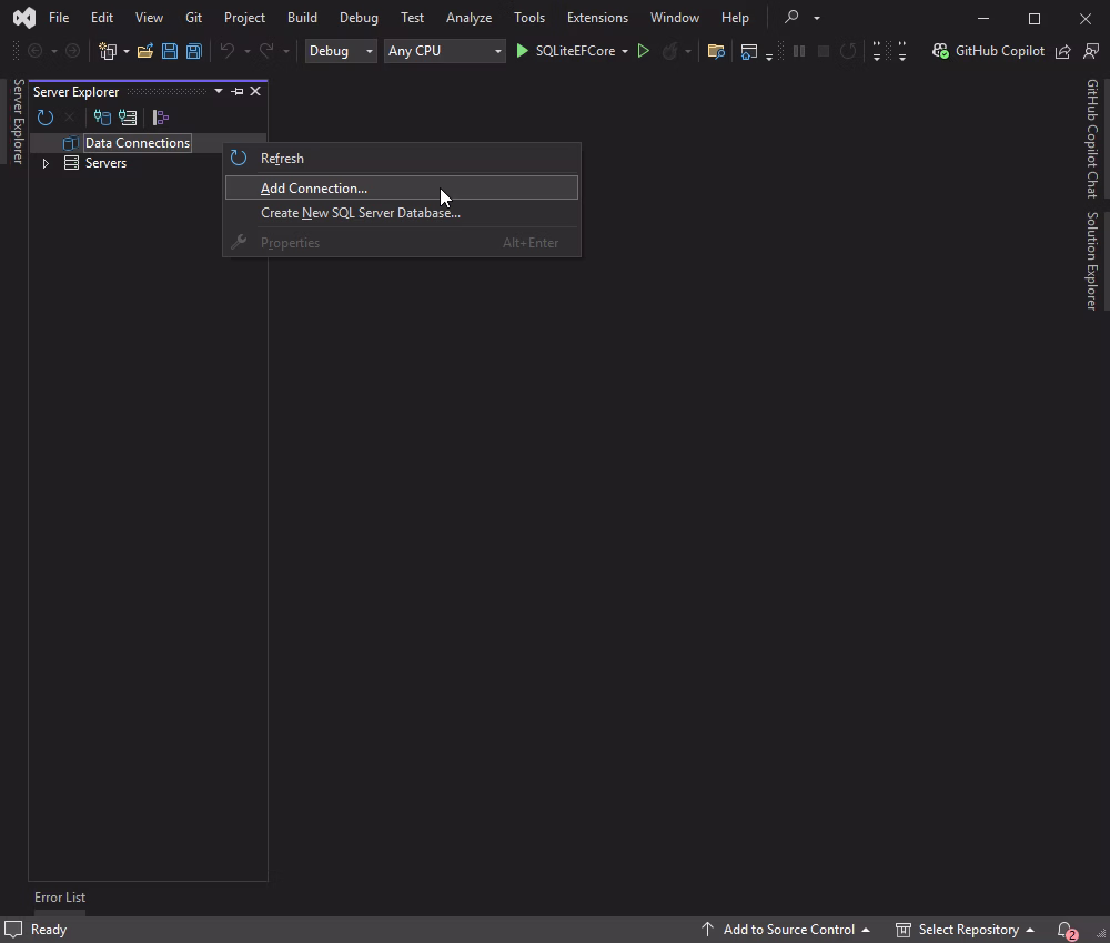 Add a new connection in Server Explorer