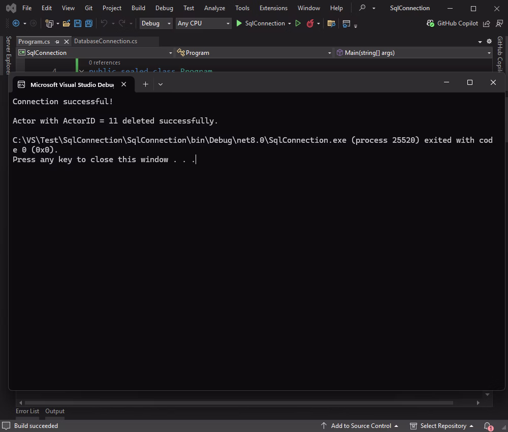 Delete data from the SQL Server database using C#