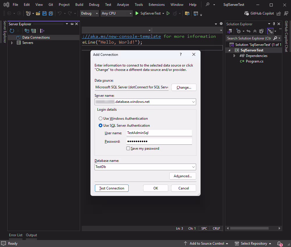Enter the necessary SQL Server credentials