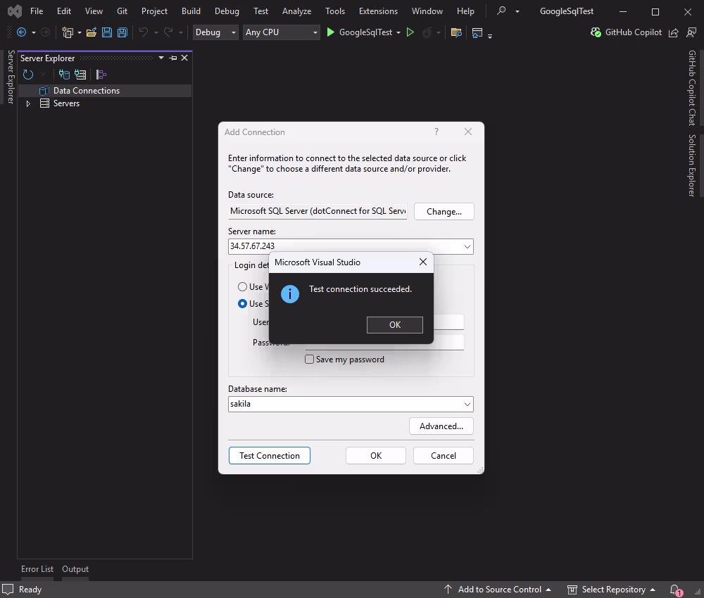 Enter the necessary credentials to connect to Cloud SQL for SQL Server