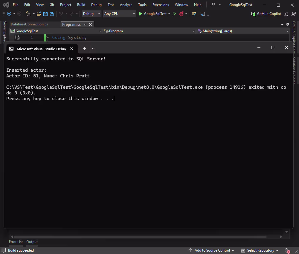 Insert a new record into the database table in Cloud SQL for SQL Server