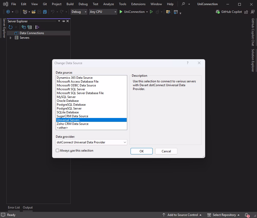 Select dotConnect Universal for accessing databases