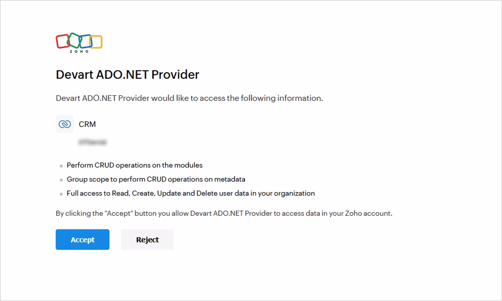 Devart ADO.NET Provider requests access to your Zoho account 