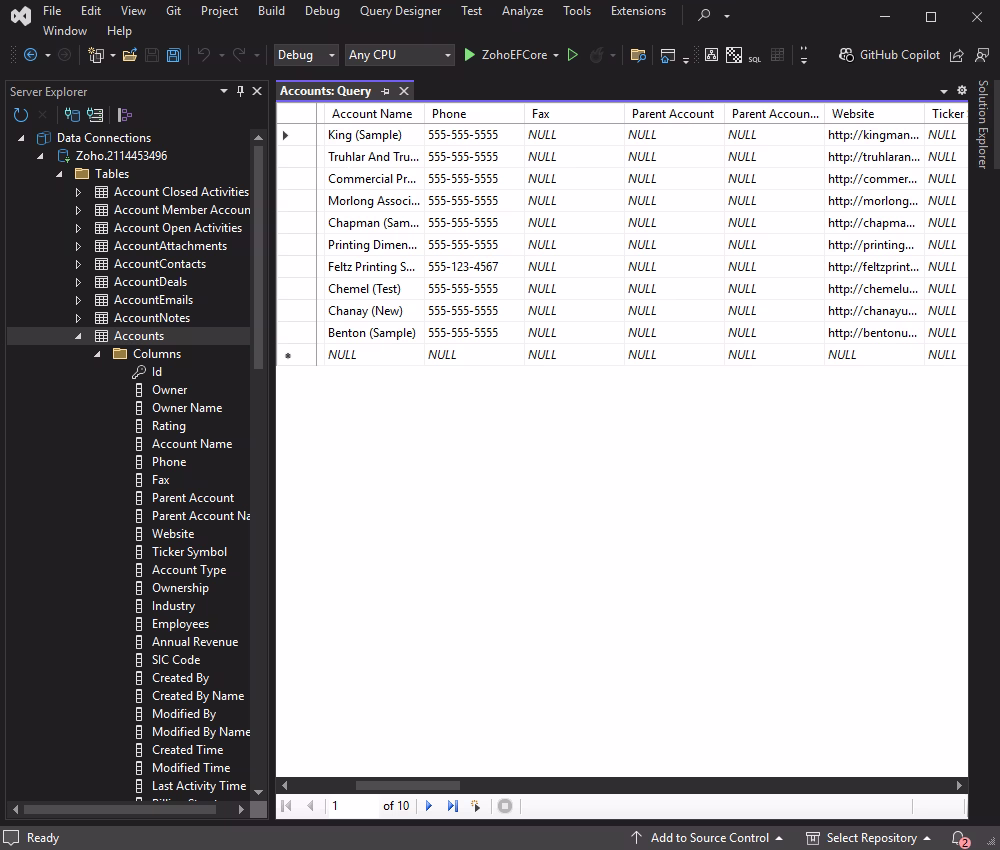 Visual Studio displays data from the selected tables