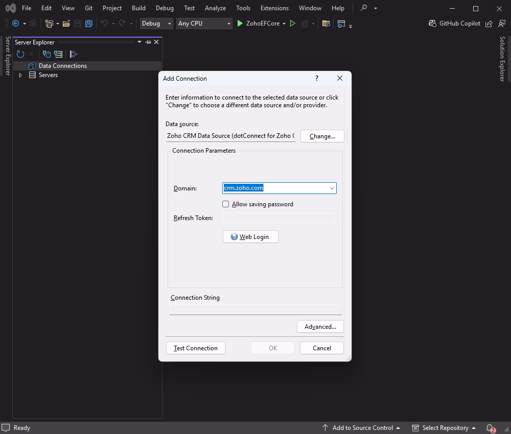 The Add Connection window requires Zoho CRM credentials to establish a connection