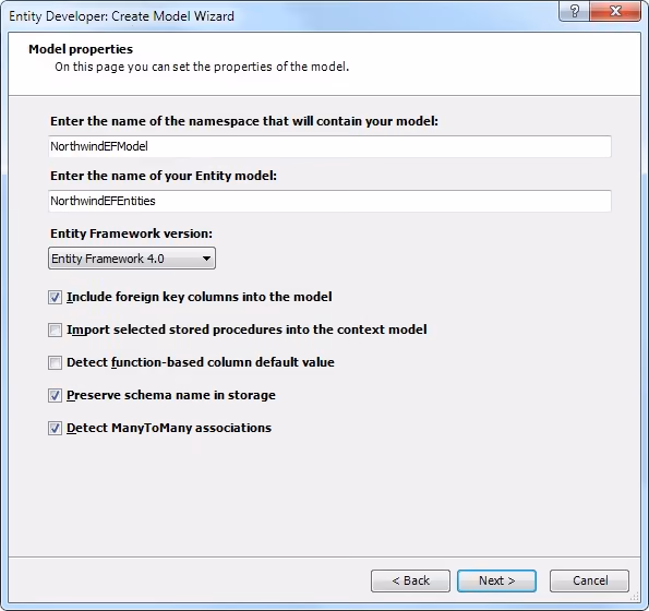 Model properties page, Create Model Wizard