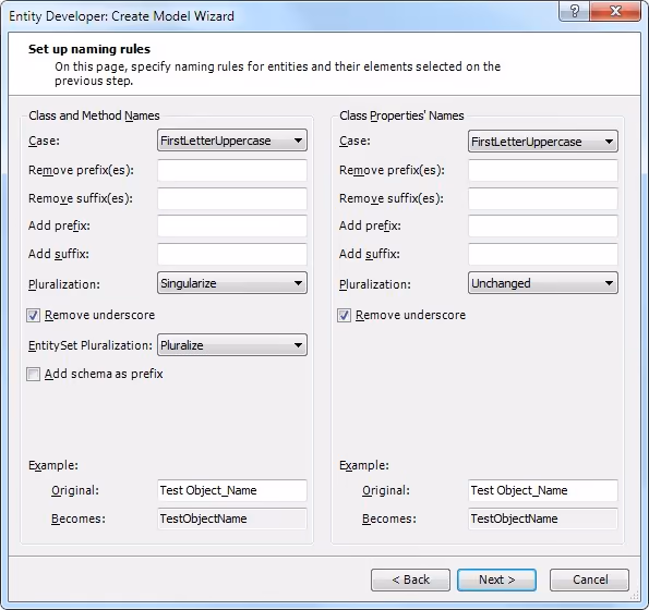 Setup naming rules page, Create Model Wizard