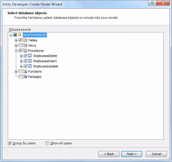 Select Database Objects page, Create Model Wizard