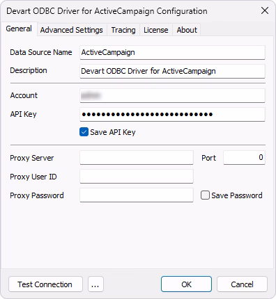 Configure DSN for the connection to ActiveCampaign