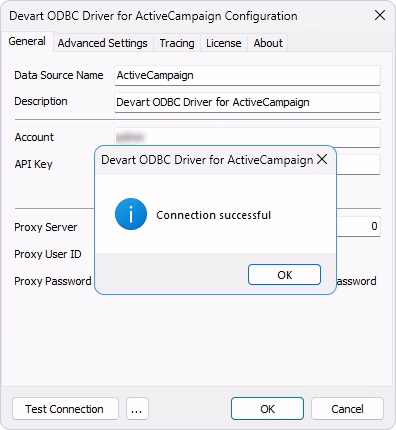 Test the ODBC connection to ActiveCampaign