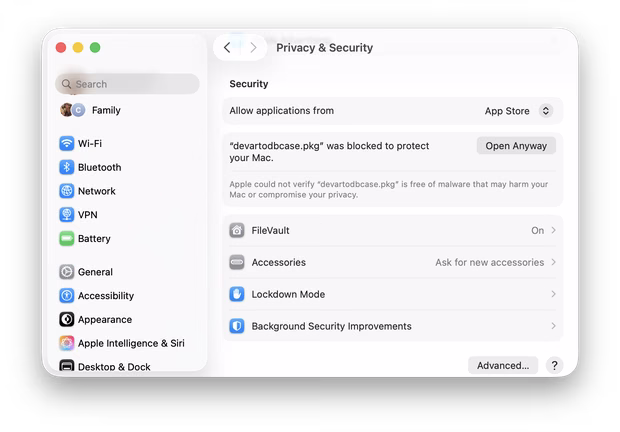 Allow the blocked ODBC Driver for ASE package in Privacy and Security settings on macOS