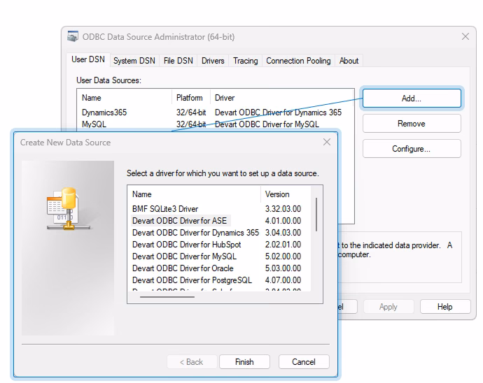 Create a new data source as the ODBC Driver for ASE