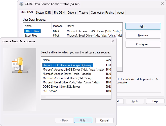 Create a new data source as the ODBC Driver for Google BigQuery