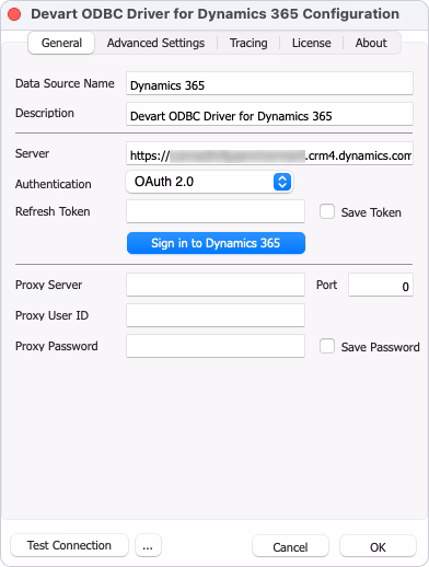 Connection settings for OAuth 2.0 authentication