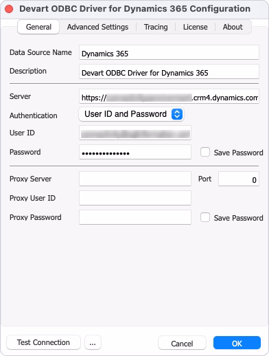 Connection settings for User ID and password authentication