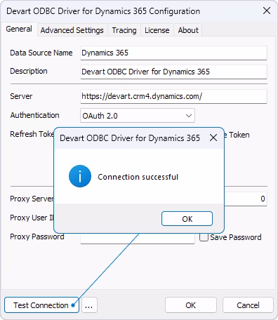 Test the ODBC connection to Dynamics 365
