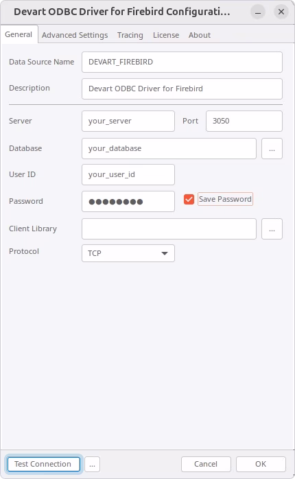 Enter the connection parameters for Firebird on Linux