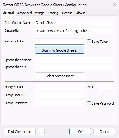Configure DSN for the connection to Google Sheets