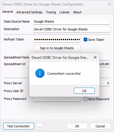 Test the ODBC connection to Google Sheets