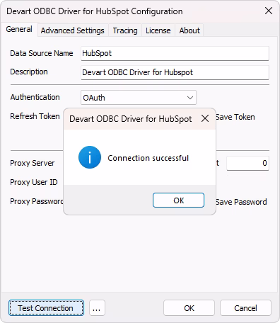 Test the ODBC connection to HubSpot