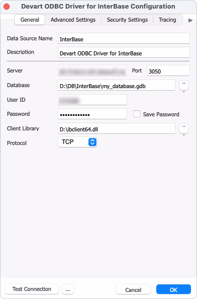 DSN configuration for a connection to InterBase on macOS 