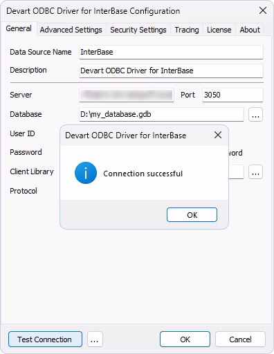 Successful connection to InterBase