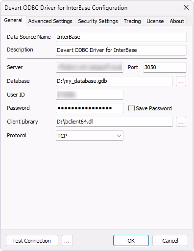 DSN configuration for a connection to InterBase on Windows