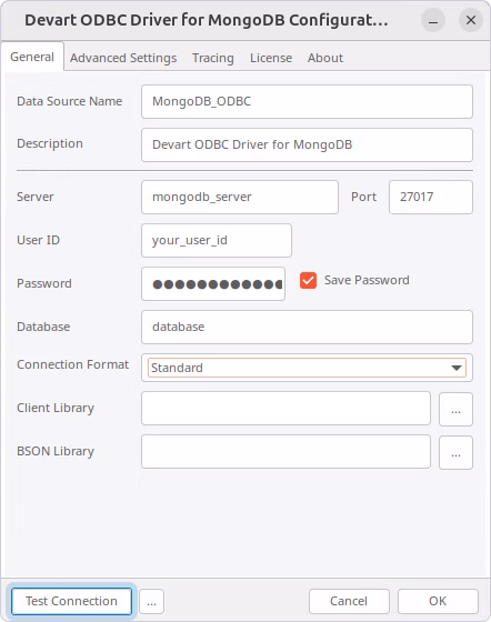 Enter the MongoDB connection parameters into the Devart ODBC Administrator on Linux