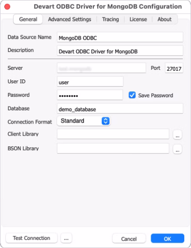 Configure the connection settings for MongoDB using Devart ODBC Administrator on macOS