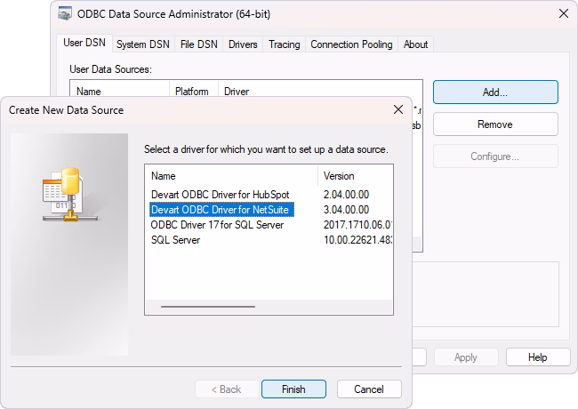 Create a new data source as the ODBC Driver for NetSuite