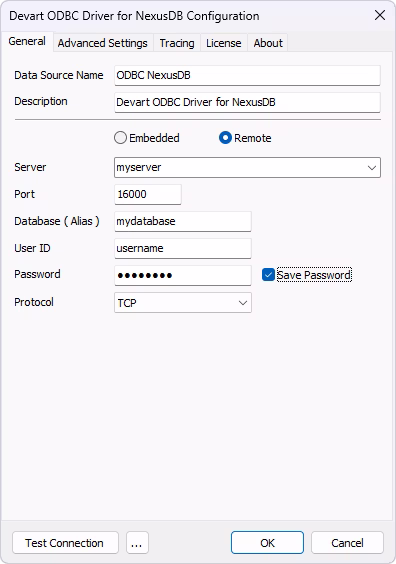 Connect to a remote NexusDB server