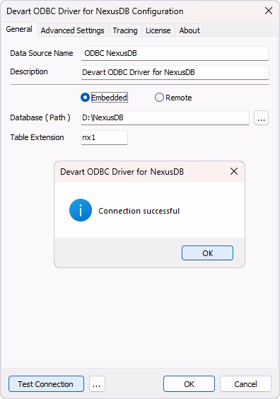Test the connection to NexusDB