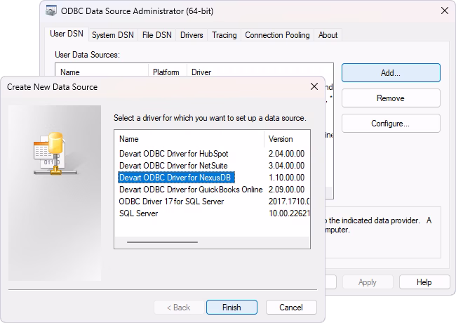 Create a new data source as the ODBC Driver for NexusDB