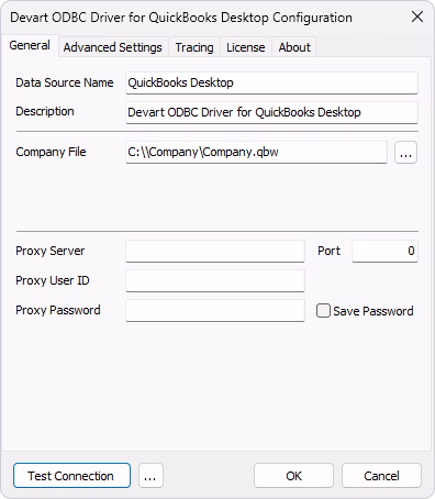 Configure DSN for the connection to QuickBooks Desktop