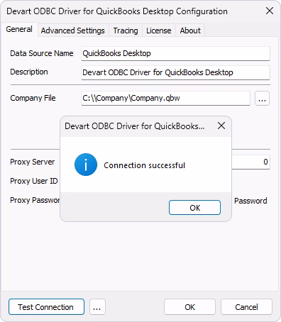 Test the ODBC connection to QuickBooks Desktop