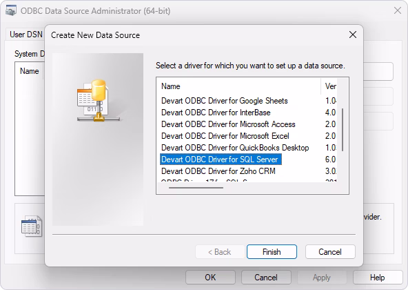 Create a new data source as the ODBC Driver for SQL Server