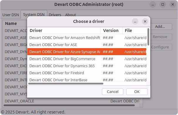Select the ODBC Driver for Azure Synapse Analytics in Devart ODBC Administrator on Linux