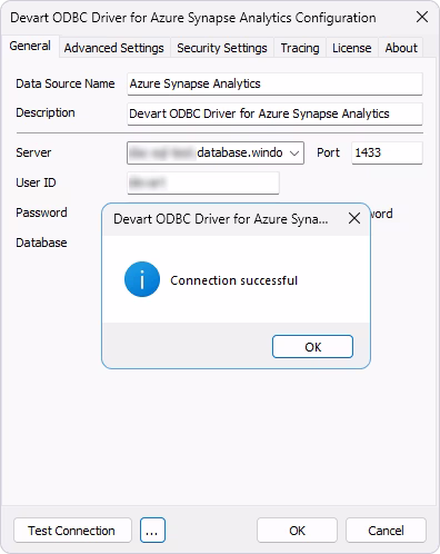 Test the ODBC connection to Azure Synapse Analytics