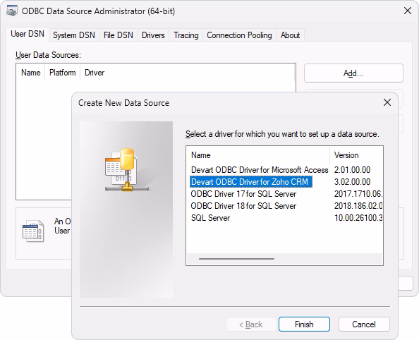 Create a new data source for the ODBC Driver for Zoho CRM