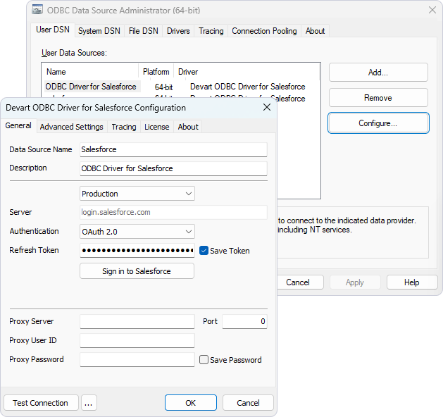 Devart ODBC Driver for Salesforce Configuration