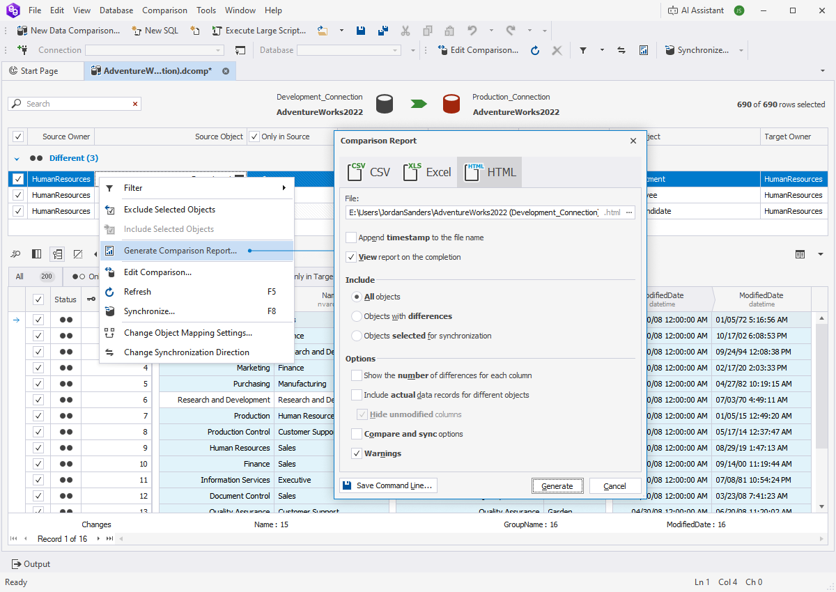 dbForge Data Compare Comparison Report dialog with CSV, Excel and HTML formats
