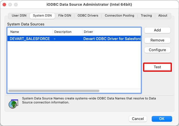 Devart ODBC Driver for Salesforce DSN in the macOS iODBC Data Source Administrator