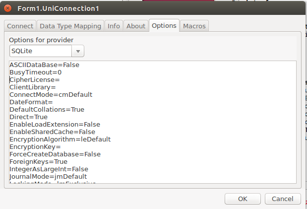 UniDAC TUniConnection editor Options tab for the SQLite provider